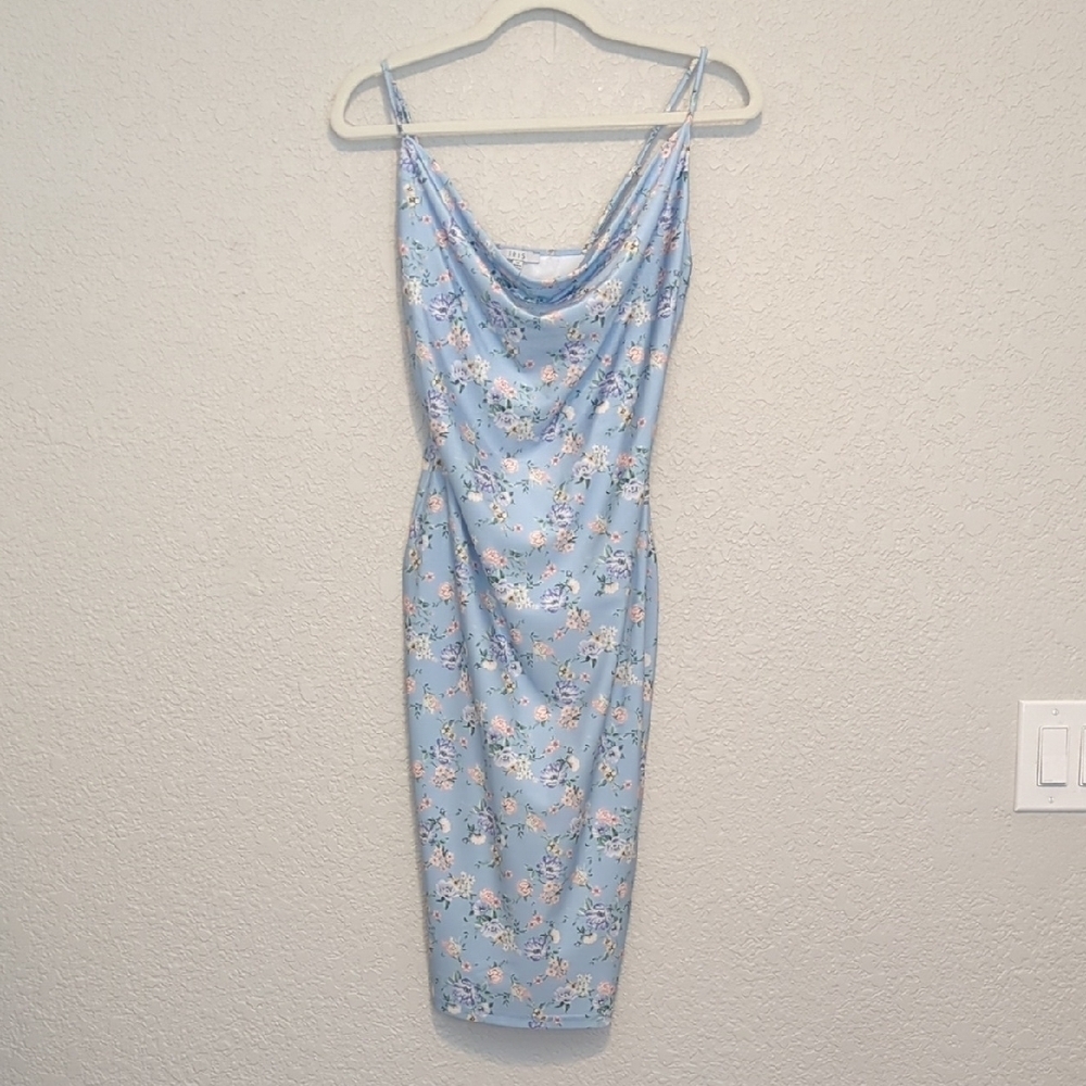 Iris light blue floral sleeveless cowl neck fitted midi dress - Picture 5 of 13